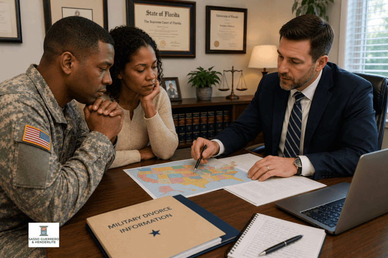 Military couple meeting with an attorney to discuss jurisdiction and residency considerations in a military divorce case.