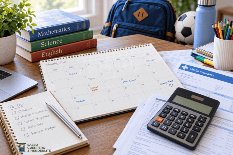 Family planning workspace with financial documents, school materials, calendar, and calculator representing factors that may affect child support.