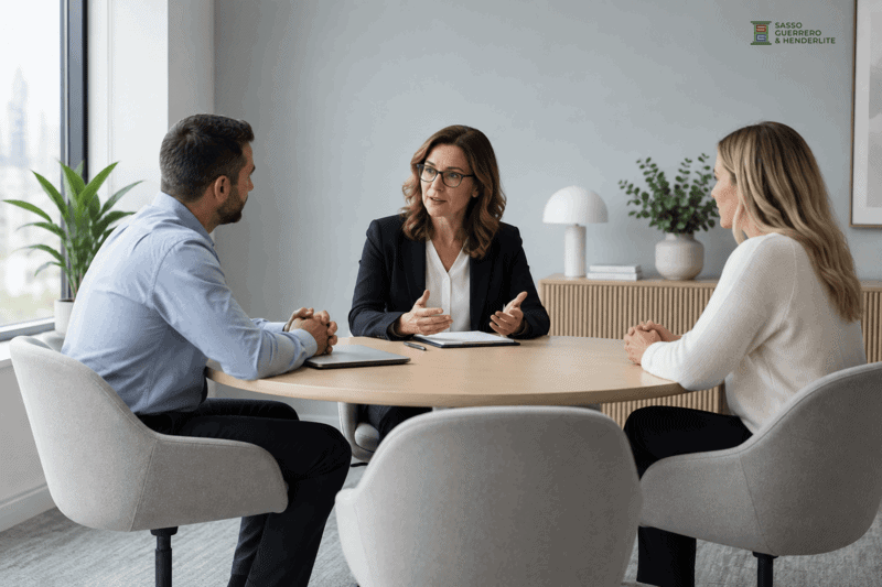 Family law mediation meeting with a neutral mediator and two participants.